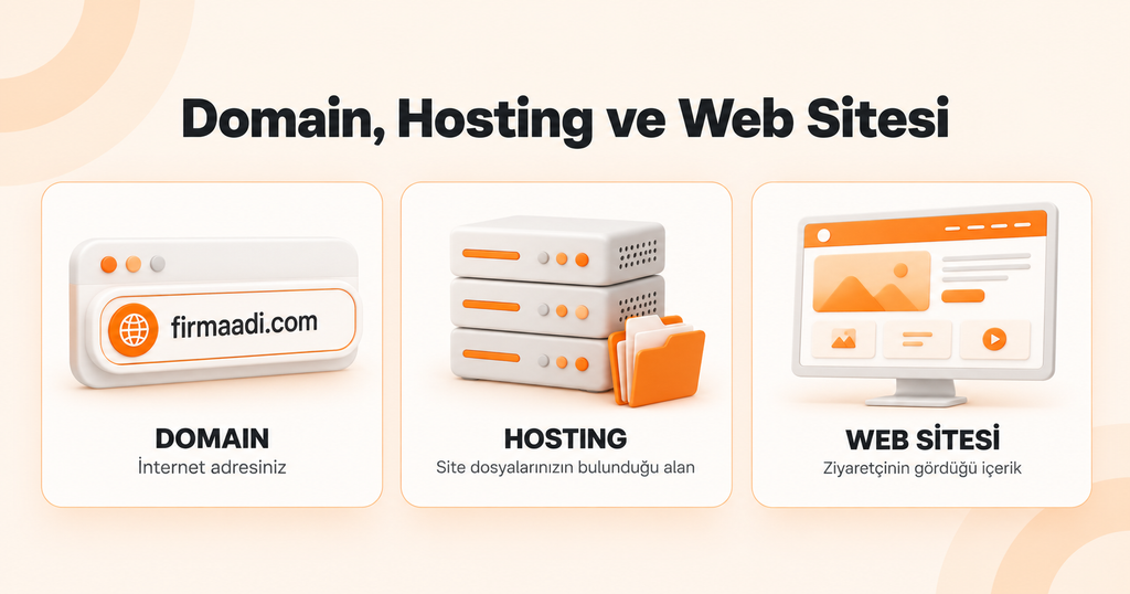 Domain, hosting ve web sitesi arasındaki farkı gösteren alan adı, sunucu ve site ekranı görseli.