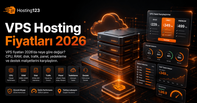 VPS Hosting Fiyatları 2026 başlıklı Hosting123 görseli; CPU, RAM, disk, trafik, panel, yedekleme ve destek maliyetlerini gösteren VPS sunucu ve fiyat karşılaştırma panelleri.