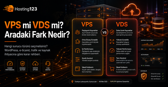 VPS ve VDS farklarını performans, kaynak kullanımı, kontrol ve kullanım alanlarına göre karşılaştıran Hosting123 görseli.