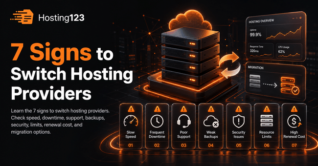 7 signs to switch hosting providers infographic by Hosting123 showing slow speed, frequent downtime, poor support, weak backups, security issues, resource limits, and high renewal costs.
