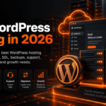 Best WordPress Hosting in 2026 infographic by Hosting123 showing speed, SSL, backups, expert support, migration, scalability, security, and uptime features.