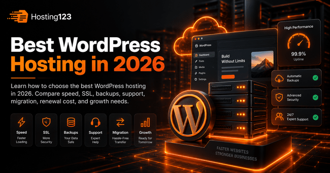 Best WordPress Hosting in 2026 infographic by Hosting123 showing speed, SSL, backups, expert support, migration, scalability, security, and uptime features.