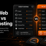 Cheap web hosting vs value hosting comparison infographic by Hosting123 showing differences in speed, support, backups, security, renewal price, performance, and overall value.