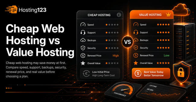 Cheap web hosting vs value hosting comparison infographic by Hosting123 showing differences in speed, support, backups, security, renewal price, performance, and overall value.