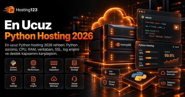 En Ucuz Python Hosting 2026 başlıklı Hosting123 görseli; Python sürümü, CPU, RAM, veritabanı, SSL, log erişimi, yedekleme ve teknik destek özelliklerini gösteriyor.