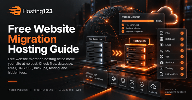 Free website migration hosting infographic by Hosting123 showing files, database, email, DNS, SSL, backups, testing, and hidden fees during a hosting transfer.