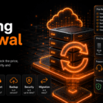 Hosting123 hosting renewal infographic showing server infrastructure, renewal indicators, price comparison, speed test, support quality, backup status, security, and migration checks.
