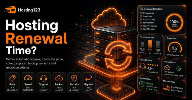 Hosting123 hosting renewal infographic showing server infrastructure, renewal indicators, price comparison, speed test, support quality, backup status, security, and migration checks.