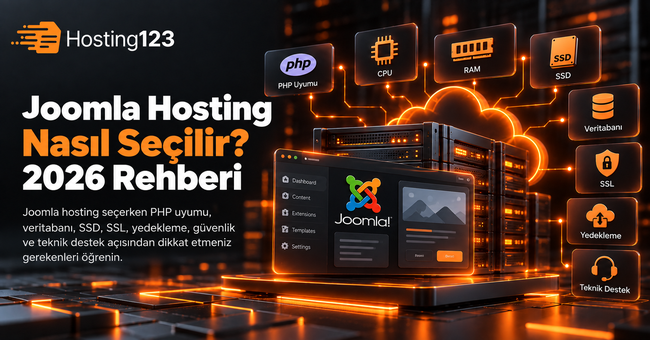 Joomla hosting seçimi için hazırlanmış Hosting123 görseli; PHP uyumu, CPU, RAM, SSD, veritabanı, SSL, yedekleme ve teknik destek kriterlerini gösteriyor.