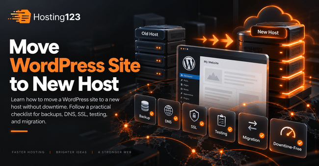 Move WordPress site to a new host infographic by Hosting123 showing backups, DNS, SSL, testing, migration, and downtime-free transfer steps.
