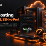 Node.js hosting seçimi başlıklı Hosting123 görseli; PM2, SSH, port erişimi, CPU, RAM, SSL, log erişimi, yedekleme ve teknik destek kriterlerini gösteriyor.