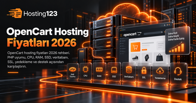 Hosting123 için hazırlanan “OpenCart Hosting Fiyatları 2026” başlıklı görsel; OpenCart hosting fiyatlarını etkileyen PHP uyumu, CPU, RAM, SSD, veritabanı, SSL, yedekleme ve destek unsurlarını vurgulayan turuncu-siyah temalı teknoloji tasarımı.