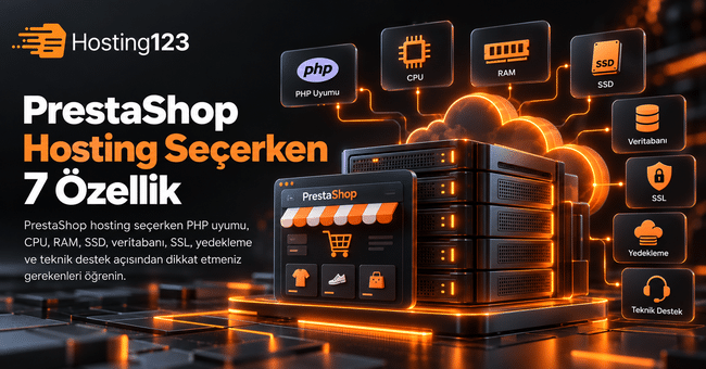 PrestaShop hosting seçerken dikkat edilmesi gereken 7 özelliği gösteren Hosting123 görseli; PHP uyumu, CPU, RAM, SSD, veritabanı, SSL, yedekleme ve teknik destek öne çıkarılıyor.