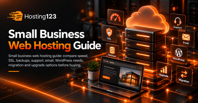 Small business web hosting guide infographic by Hosting123 showing speed, SSL, backups, support, email, WordPress, migration, and upgrade options.