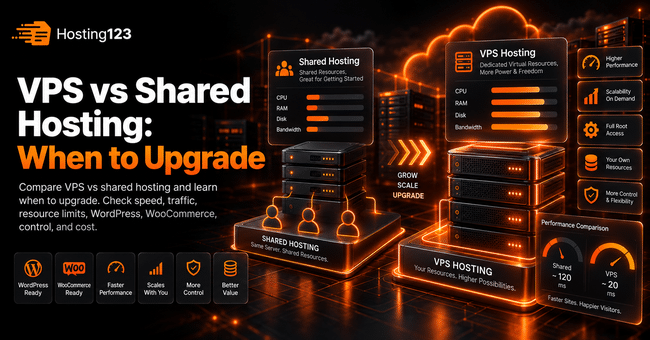 VPS vs shared hosting comparison infographic by Hosting123 showing differences in CPU, RAM, disk, bandwidth, performance, scalability, control, and ideal upgrade timing.