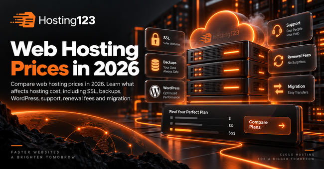 Web hosting prices in 2026 infographic by Hosting123 showing SSL, backups, WordPress optimization, support, renewal fees, migration, and hosting plan comparison factors.
