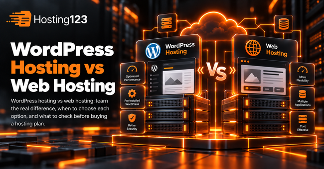 WordPress hosting vs web hosting comparison infographic by Hosting123 showing differences in performance, WordPress setup, security, flexibility, application support, and cost.