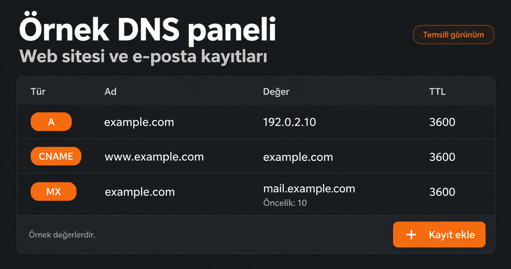 DNS yönetim panelinde web sitesi ve e-posta kayıtları.