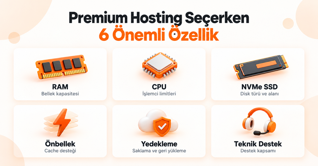 Premium hosting seçiminde RAM, CPU, disk, önbellek ve yedekleme özellikleri