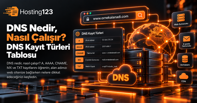 DNS nedir ve nasıl çalışır başlıklı Hosting123 görseli; A, AAAA, CNAME, MX ve TXT kayıt türlerini web sunucusu, e-posta sunucusu, veritabanı ve CDN bağlantılarıyla birlikte gösteriyor.