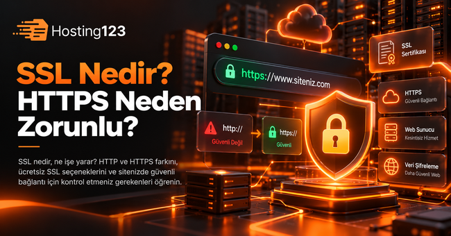 SSL nedir ve HTTPS neden zorunlu başlıklı Hosting123 görseli; SSL sertifikası, HTTPS güvenli bağlantı, veri şifreleme ve web sunucusu güvenliğini gösteriyor.