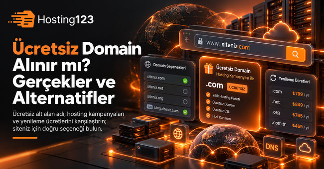 Ücretsiz domain alınır mı başlıklı Hosting123 görseli; hosting kampanyaları, ücretsiz alan adı seçenekleri, yenileme ücretleri, DNS ve domain alternatiflerini gösteriyor.